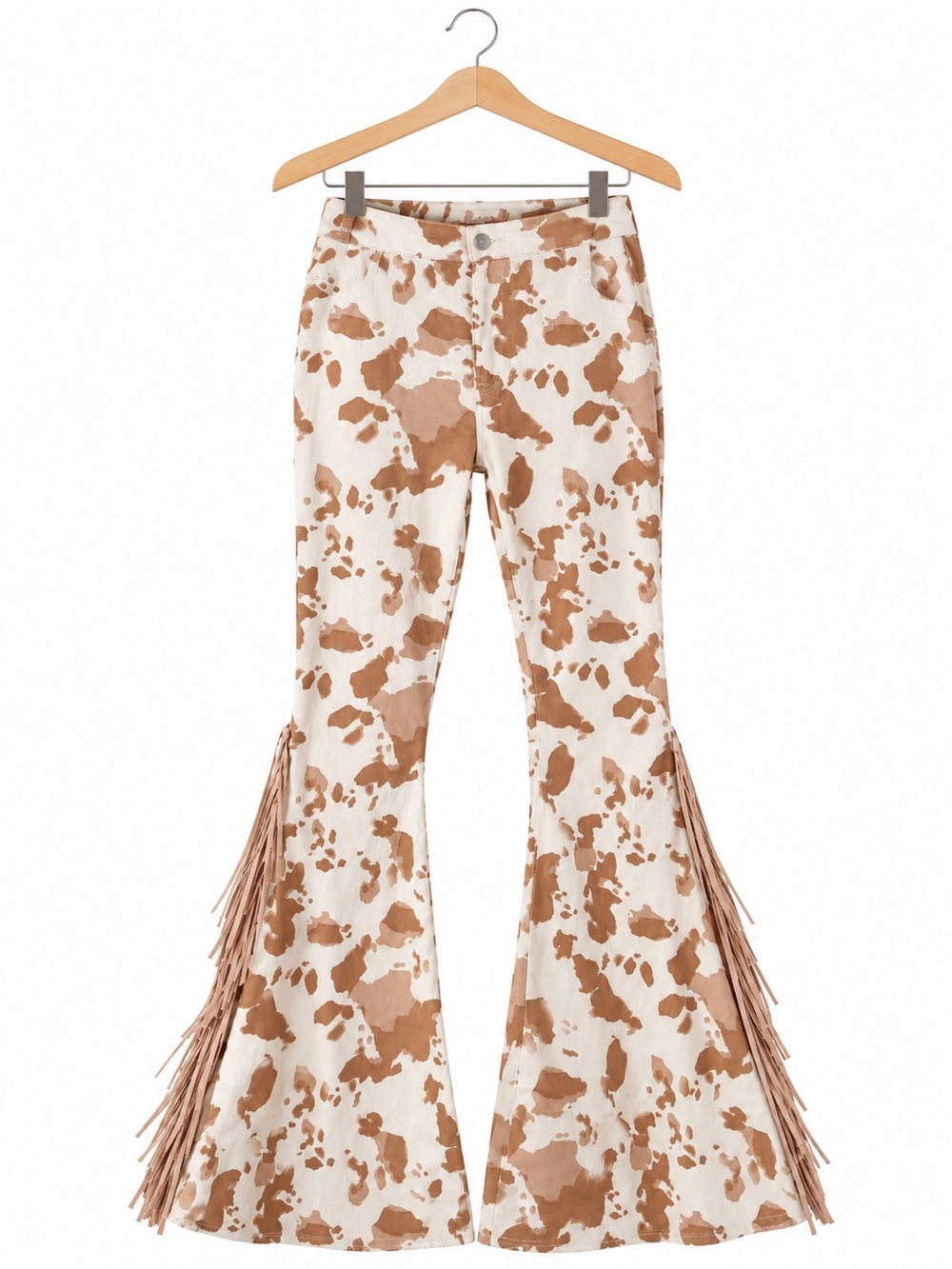 Altar’d State Cow Print Flare Pants M Fringe Western Boho Rodeo Festival Boho